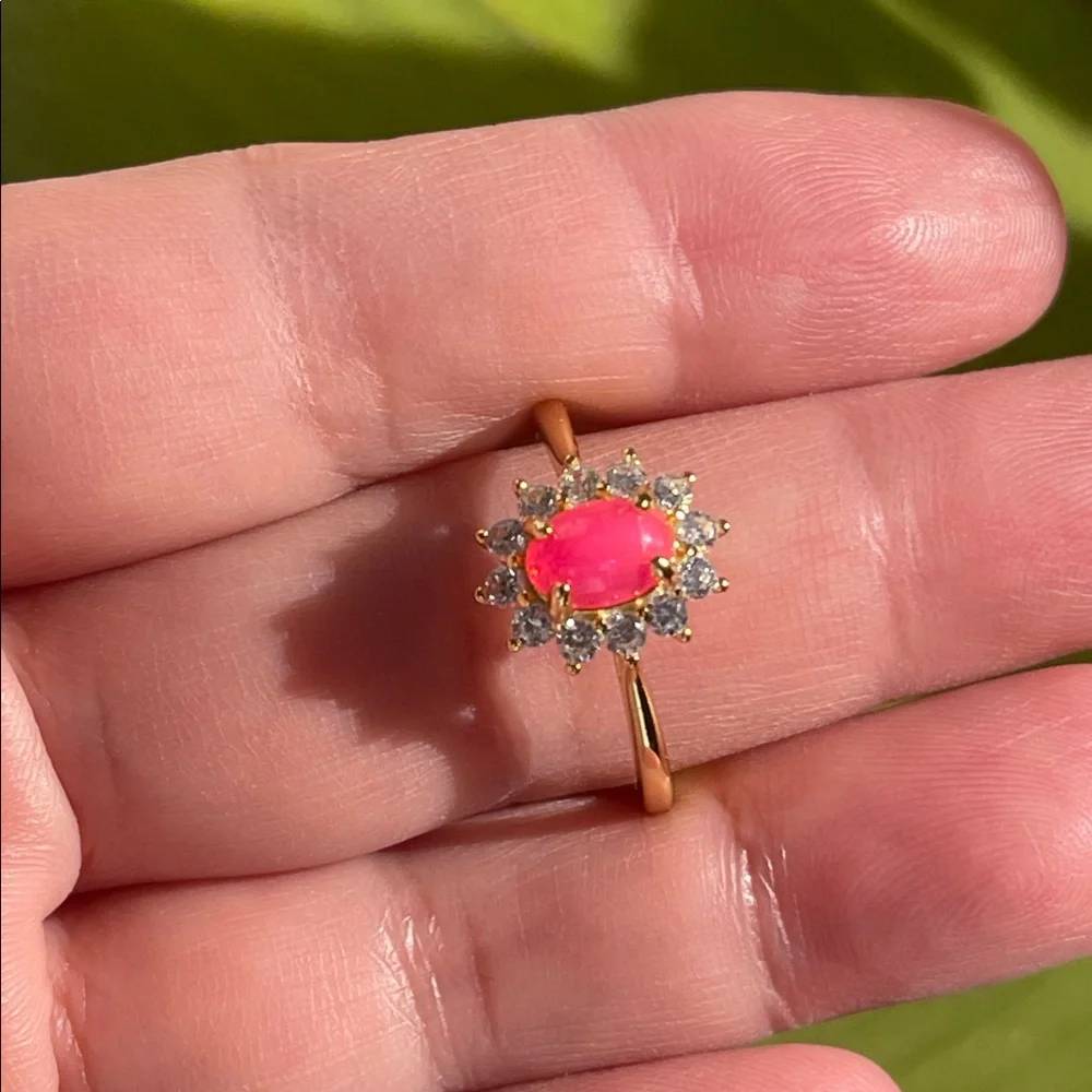 NWT Natural Pink Opal with CZ Accent Ring 18k YG Plated over 925 Silver Size 8